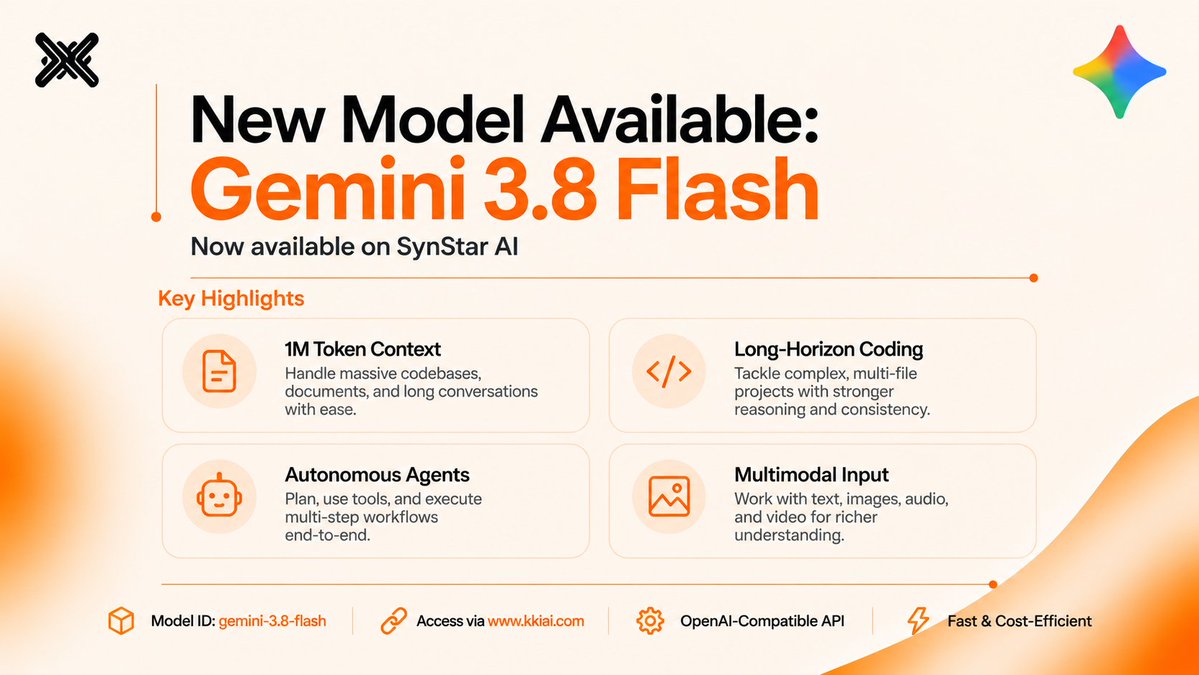 Synstar_Joey's tweet photo. Gemini 3.8 Flash is now live on SynStar AI ⚡

Built for long-horizon coding, autonomous agents, and complex multi-step workflows, with a 1M-token context window and up to 65K output.

Available now through our OpenAI-compatible API:
https://t.co/qWPuFAMYaF
#Gemini #AIAPI https://t.co/g4vzmpuOZI