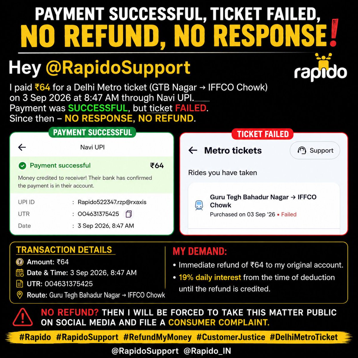 Radha95parth98's tweet photo. @BandBajaateRaho @rapidoapp_ @jagograhakjago @ICICIBank #rapido #jagograkjago  abhi tak koi reply nhi aya Rapido team ka baat 64 ki nhi hai baat support ki inko lagta hai ki Janta pagal hai please itna share kro ki. Inko thoda sharm aye mere ko pata rapido team dekh rahi hai chor https://t.co/QB4kEWEOZs