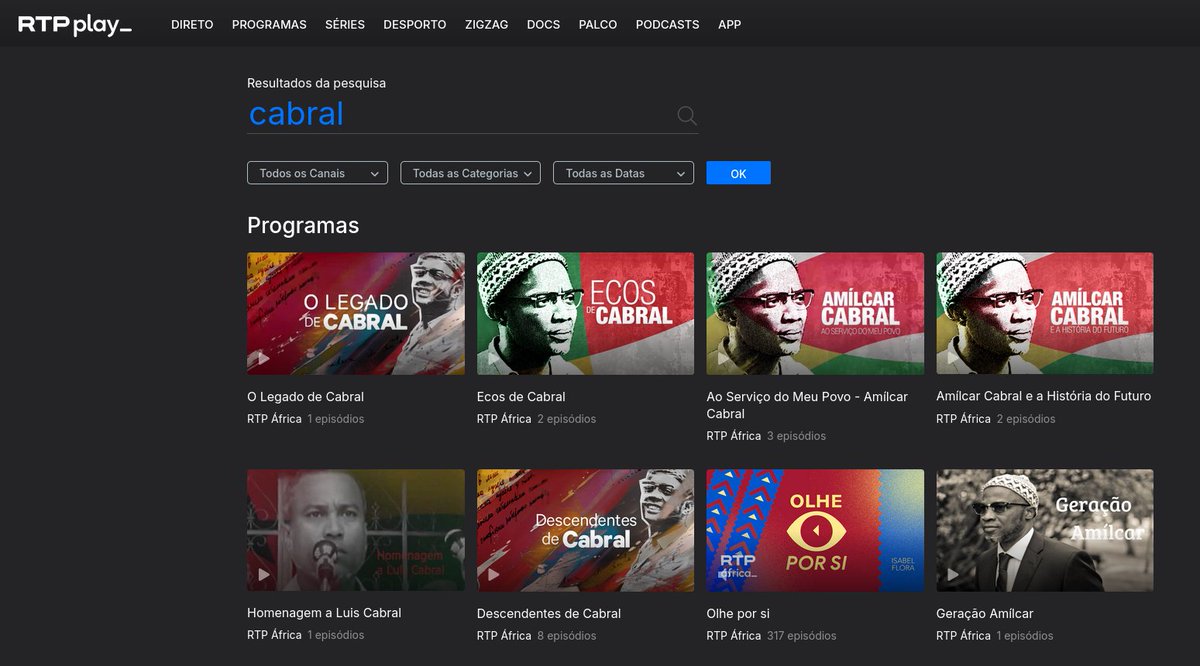 MrVazDavid's tweet photo. J'ai tapé "Amilcar Cabral" dans l'outil de recherche de @rtppt
C'est vraiment dommage pour vous que tous ces documentaires ne soient pas traduits en français (tous visionnés), 90% des intervenants sont africains et non une vue "blanche" européenne aux yeux clairs sur l'Afrique. https://t.co/pSd4LT2M2t