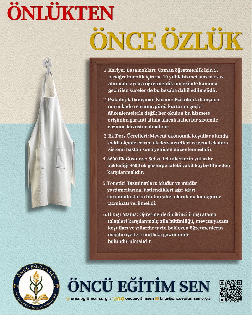 oncuegitimsen's tweet photo. Eğitim çalışanlarının devasa sorunları çözüm beklerken önlük standartlarının konuşulması, sahanın gerçeklerinden kopuktur. Öncü Eğitim ve Bilim Çalışanları Sendikası olarak yetkililere asıl gündemi hatırlatıyoruz:

 1. Kariyer Basamaklarında Süre Şartı Yeniden Düzenlenmelidir: Uzman öğretmenlik için bekleme süresi 5 yıl, başöğretmenlik için ise 10 yıl olarak esas alınmalıdır. Ayrıca, öğretmenlik öncesinde kamuda geçirilen diğer hizmet süreleri de bu hesaba mutlak surette dahil edilmelidir.

 2. Psikolojik Danışman Norm Sorunu Kalıcı Olarak Çözülmelidir: Günü kurtarmaya yönelik geçici ve yüzeysel düzenlemelerden vazgeçilmeli; her okulun ve öğrencinin psikolojik danışmanlık hizmetine kesintisiz erişimini sağlayacak kalıcı bir norm sistemi acilen hayata geçirilmelidir.

 3. Ek Ders Ücretleri Emeğin Karşılığı Olacak Şekilde Güncellenmelidir: Mevcut ekonomik koşullar ve yüksek enflasyon altında ciddi ölçüde değer kaybeden ek ders ücretleri, eğitimcinin emeğini karşılamaktan çok uzaktır. Ek ders sistemi ve ücret katsayıları baştan sona yeniden düzenlenmelidir.

 4. Eğitim Yöneticilerine Makam/Görev Tazminatı Ödenmelidir: Kurumların tüm yükünü omuzlayan okul müdürü ve müdür yardımcılarına, taşıdıkları ağır idari sorumluluğun ve mesainin doğrudan bir karşılığı olarak makam ve görev tazminatı hakkı tanınmalıdır.

 5. 3600 Ek Gösterge Beklentisi Karşılanmalıdır: Eğitim-öğretim hizmetinin ayrılmaz bir parçası olan şef ve teknikerlerimizin yıllardır oyalandığı 3600 ek gösterge talebi, daha fazla mağduriyete yol açmadan derhal yasalaşmalıdır.

 6. İkinci İl Dışı Atama Hakkı Verilmelidir: Öğretmenlerimizin aile bütünlüğü, giderek ağırlaşan yaşam koşulları ve yıllardır tayin bekleyen meslektaşlarımızın mağduriyetleri göz önünde bulundurulmalıdır. İvedilikle, mağduriyetleri giderecek yeterli kontenjanla donatılmış yeni bir il dışı yer değiştirme hakkı tanınmalıdır.

Önceliğimiz biçimsel tartışmalar değil; insan onuruna yaraşır geçim, güvenceli özlük hakları, adil bir kariyer sistemi ve iyileştirilmiş çalışma şartlarıdır.

#meb #önlük #eğitim #hak #özlük