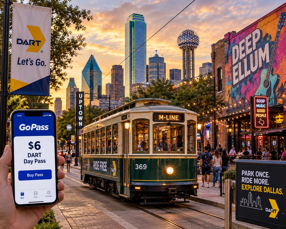 InCityExp's tweet photo. Transform your Dallas adventure! 🌆 Grab a $6 DART Day Pass on the GoPass app and ride the free M-Line Trolley through Uptown and Deep Ellum. Park once, save those bucks, and soak in the dazzling skyline &amp; Texas swagger! 🥳 #Dallas #TravelSmart https://t.co/k43dy5RI0R