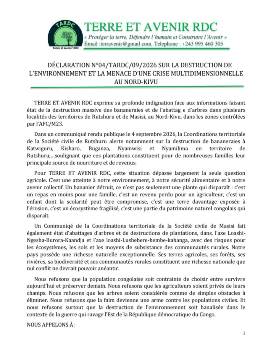 terreavenirrdc's tweet photo. On ne peut pas prétendre construire l’avenir du Congo en détruisant sa terre.
On ne peut pas parler de paix en affamant les populations.
On ne peut pas défendre un territoire en détruisant les ressources qui permettent à ceux 
qui y vivent de survivre.
@vpmedd @PrimatureRDC https://t.co/SODgjntUMi