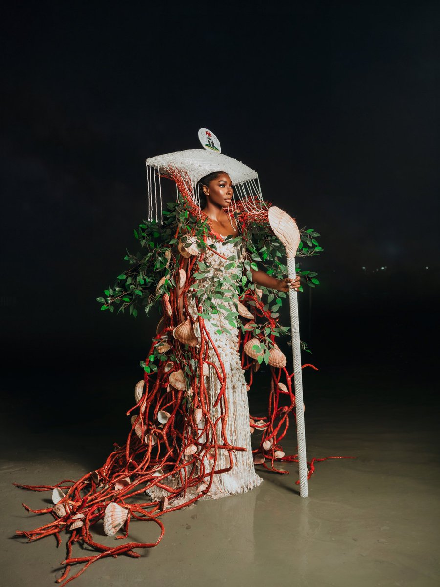 Soye_kg's tweet photo. Tonight, I take the Miss World stage carrying a story that is deeply rooted in home. 🇳🇬🌿

Inspired by the Amazon of the Mangrove, this costume pays homage to the strength of the women, the richness of the Niger Delta.

#GrandFinale #AmazonOfTheMangrove #TeamNigeria #missworld https://t.co/a6GUQhDfCV