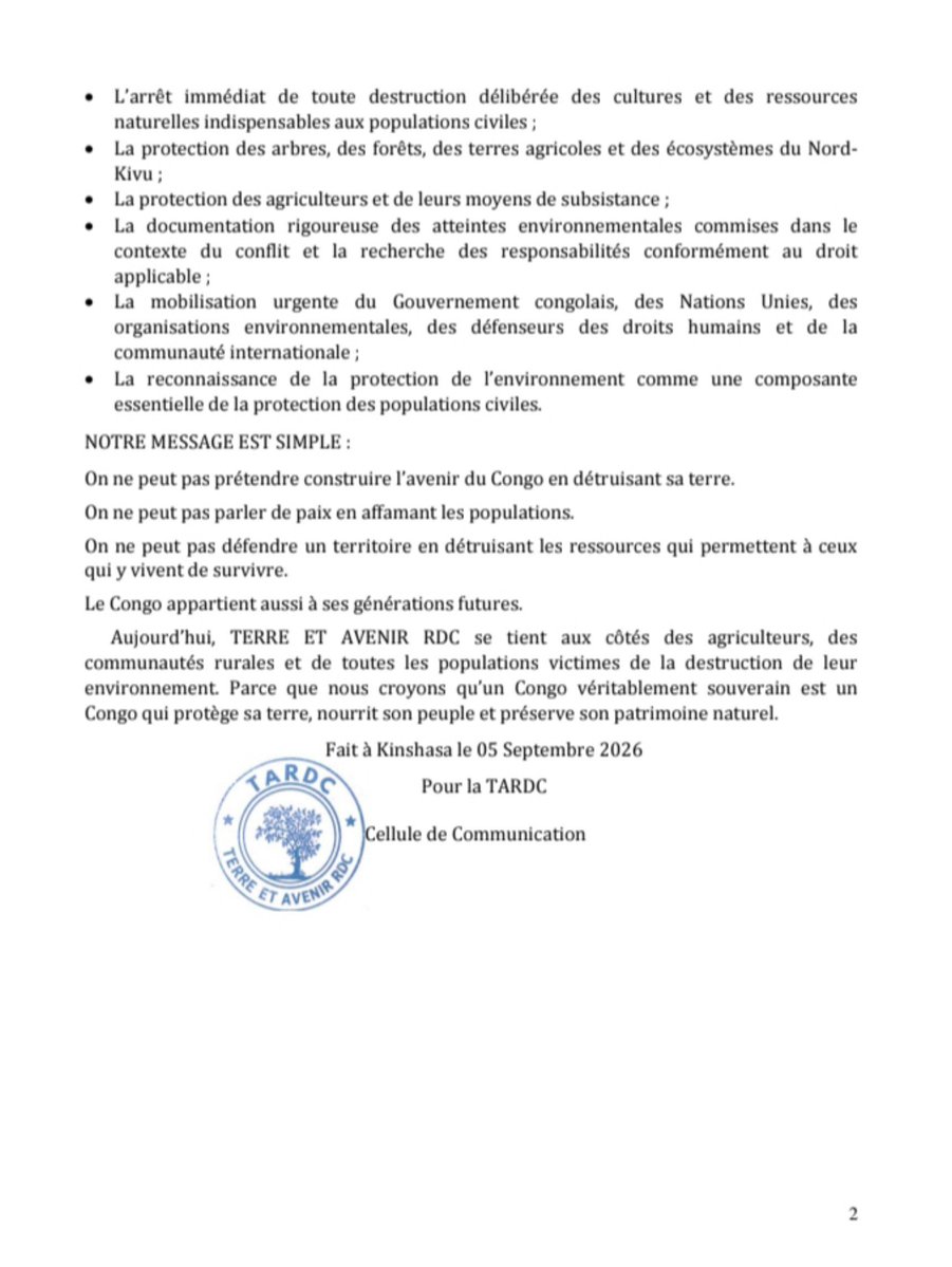 terreavenirrdc's tweet photo. On ne peut pas prétendre construire l’avenir du Congo en détruisant sa terre.
On ne peut pas parler de paix en affamant les populations.
On ne peut pas défendre un territoire en détruisant les ressources qui permettent à ceux 
qui y vivent de survivre.
@vpmedd @PrimatureRDC https://t.co/SODgjntUMi