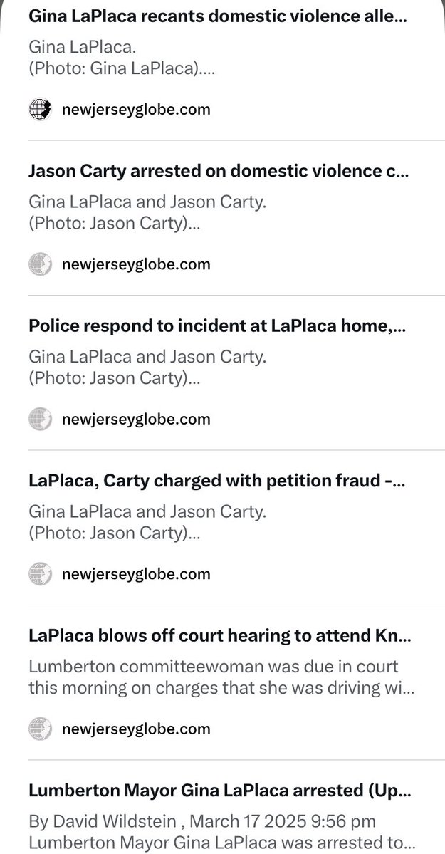 CreasonJana's tweet photo. And the political crime syndicate, known as The Democratic Party, just keeps getting more exposed.

@newjerseydems  … you all need to do better!

Lumberton, NJ … meet Democrats Gina LaPlaca (former mayor and township committeewoman) and Jason Carty (school board member and political operative)!

The list of their accumulating legal issues including DUI/child endangerment, suspended license driving, petition fraud, and domestic violence charges has been revealed and reported on extensively.

News reports from the New Jersey Globe and Fox News confirm LaPlaca’s March 2025 arrest for drunk driving with her young child in the car at BAC 0.30%, her guilty plea to child endangerment entering PTI supervision, a May 2026 citation for driving on suspended license, and both being charged in August 2026 with falsifying signatures on her reelection petition.

Carty faced a May 2026 domestic violence arrest after LaPlaca alleged strangulation (later recanted in a sworn statement admitting she made false claims while under the influence); he was arrested again on similar charges in early September 2026, after which a judge terminated LaPlaca’s PTI program for repeated violations. ​​​​​​​​​​​​​​​​​​​​​​​​​​​​​​​​​​​​​​​​​​​​​​​​​

Attached are just some of the articles written about their exploits.
