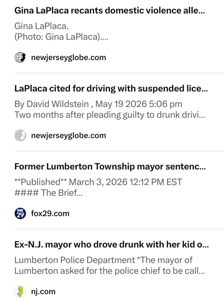CreasonJana's tweet photo. And the political crime syndicate, known as The Democratic Party, just keeps getting more exposed.

@newjerseydems  … you all need to do better!

Lumberton, NJ … meet Democrats Gina LaPlaca (former mayor and township committeewoman) and Jason Carty (school board member and political operative)!

The list of their accumulating legal issues including DUI/child endangerment, suspended license driving, petition fraud, and domestic violence charges has been revealed and reported on extensively.

News reports from the New Jersey Globe and Fox News confirm LaPlaca’s March 2025 arrest for drunk driving with her young child in the car at BAC 0.30%, her guilty plea to child endangerment entering PTI supervision, a May 2026 citation for driving on suspended license, and both being charged in August 2026 with falsifying signatures on her reelection petition.

Carty faced a May 2026 domestic violence arrest after LaPlaca alleged strangulation (later recanted in a sworn statement admitting she made false claims while under the influence); he was arrested again on similar charges in early September 2026, after which a judge terminated LaPlaca’s PTI program for repeated violations. ​​​​​​​​​​​​​​​​​​​​​​​​​​​​​​​​​​​​​​​​​​​​​​​​​

Attached are just some of the articles written about their exploits.