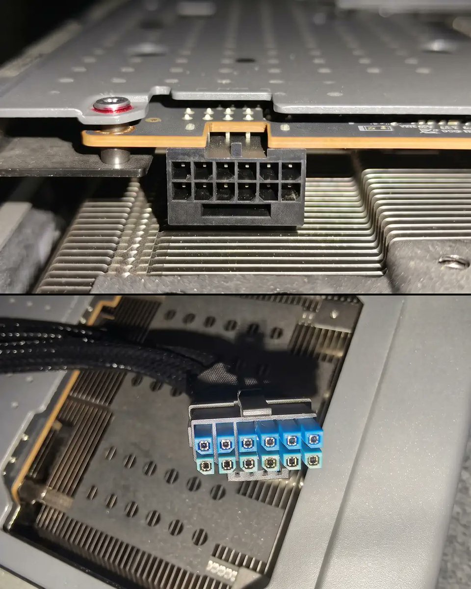 GameGPU_com's tweet photo. https://t.co/b0WJMZti8Y

A Sapphire Radeon RX 9070 XT Nitro+ owner reported severe failure of the bundled power adapter. The issue caused constant PC reboots during gaming sessions before the damaged parts were discovered.

The stock power adapter burned out, leaving the bottom three pins on the card discolored from heat. The graphics card operated under-volted at a 275W limit with a 750W power supply.

Technicians suggest initiating an RMA claim and switching to a modern ATX 3.1 power unit with native power cables.

#Sapphire #Radeon #RX9070XT #Hardware #Power #Tech #Failure