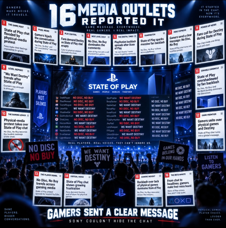 EthicaNow's tweet photo. 🚨 SONY, YOU SEE IT. WE KNOW YOU SEE IT. NOW WE TURN UP THE HEAT.

Gamers, if you're wondering whether all this noise is actually making a dent, take a look at the receipts.

The State of Play chat takeover didn't stay buried in a YouTube comment section. It became part of the story.

Forbes called Sony's State of Play “hijacked” by Destiny 3 and physical-disc demands. Kotaku reported that fans “showed up in force” and flooded both YouTube and Twitch. Polygon said the entire State of Play was “overshadowed” by angry PS5 fan demands. Giant Bomb covered Sony getting bombarded with the comments the very next morning.

And it didn't stop with the big U.S. outlets.👈

Canaltech in Brazil covered it. LEVEL UP covered it. GAMERGEN in France covered it. Xboxygen covered it. Tech4Gamers covered it. PlayStationInfo in Germany covered it. GameApps in Hong Kong covered it. Fanzade and Merlin'in Kazanı in Turkey covered it.

I can verify at least 13 different gaming/media outlets reporting on what happened. Check for yourself!

Think about that for a second.

Sony held a State of Play to get people talking about Sony's games…and a huge chunk of the media conversation coming out of that event became:

NO DISC, NO BUY.
WE WANT DESTINY 3.

Oh yeah, that is what making noise looks like.
And Sony, don't insult gamers by pretending you somehow don't see this.

Your leadership has already acknowledged that the community has strong views about the direction you're taking, "I'd say strong is an understatement." Now your livestream gets flooded. Your comment sections were flooded. Major gaming publications are writing stories about it. International outlets are picking it up. "@SONY, YOU HEAR ALL OF US NOW!"

You know damn well what's happening.

Silence doesn't mean the message isn't reaching Sony.
It means Sony isn't answering it. Or they are badly out of touch with the customers who have the $$$

So gamers this is absolutely NOT the time to back off.

Keep posting. Keep commenting. Keep tagging the gaming press. Tag your favorite creators. Keep #NoDiscNoBuy and #WeWantDestiny3 underneath PlayStation announcements where people can see them.

Be loud. Be persistent. Be respectful.

Because we just prooved that people outside our little corner of the internet are paying attention.

The message is out. Now we amplify it!

GAMERS TURN UP THE HEAT. 🔥

@PlayStation @Sony @Bungie @Aztecross @KackisHD @RickKackis @LUCKYY10P @xHOUNDISHx @Datto @xOmniarch @Blaze2KX

#NoDiscNoBuy #WeWantDestiny3 #Destiny3 #Destiny2 #SaveDestiny #PlayStation #Sony #Bungie #PhysicalMedia #Gaming

🎯 Be sure to follow! Game On!