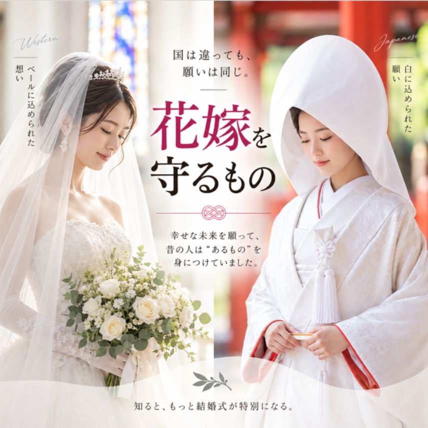 ce07qy's tweet photo. 「どうして花嫁さん、隠れてるの？」

先日、お手伝いさせていただいた結婚式で、ベールを付けた花嫁さんを見た子どもが、ふと口にした一言です。

大人には当たり前に見える光景も、子どもからすると不思議ですよね😊

実はウェディングベールには、昔のヨーロッパで、**花嫁を悪霊などの邪悪なものから守る「魔除け」**の意味があったとされています。

では、日本の花嫁は？

白無垢、綿帽子、角隠しなど、日本��も婚礼にまつわる独特の衣装があります。

中でも角隠しには、**「女性の角＝嫉妬や怒り、邪気を隠し、穏やかな女性になる」**という意味が込められているという説があります。

また、白無垢の「白」には、清浄や神聖さを表す意味があり、綿帽子などにも花嫁を包み込むような意味が込められています。

国や文化は違っても、そこにあるのは花嫁の幸せを願う気持ち。

何気なく見ている結婚式の衣装にも、昔から受け継がれてきた「願い」が込められています。

意味を知ってから見ると、いつもの結婚式が少し違って見えるかもしれませんね😊