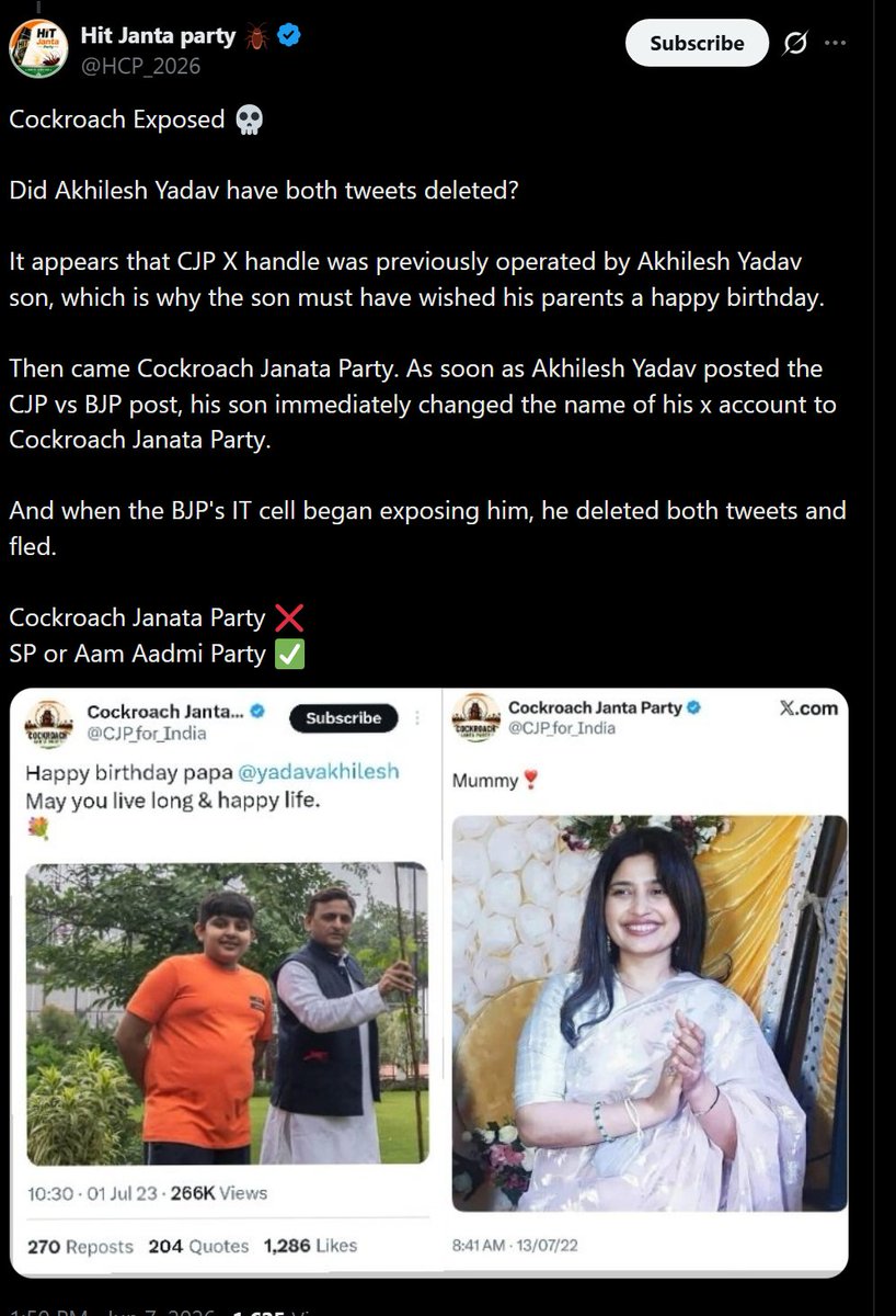 Visit__India's tweet photo. Never forget  how Akhilesh Yadavs son, Arjun Yadav forgot to clean his timeline before LARPing as a CJP account. https://t.co/0A90GRcY7u