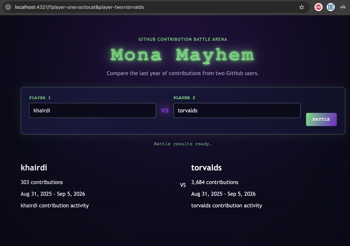 khairdi_'s tweet photo. Building Mona Mayhem 🎮  -  a retro arcade GitHub contribution battle arena built with Astro and GitHub Copilot. Compare two profiles, visualize contribution activity, and turn commits into a head-to-head battle. Workshop-driven, neon-powered with Aditya
#Astro #GitHubCopilot #WebDev #BuildInPublic #DevDays