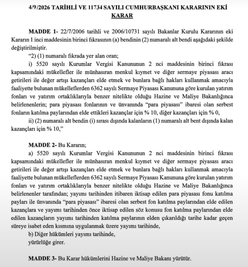 ParasalGercek's tweet photo. Şirket hazinelerinin en sevdiği "park yeri" olan Para Piyasası Fonlarına %10 stopaj geldi (11734 Sayılı Karar). 
Peki bundan sonra ne olacak?
🔹 Bireysel Yatırımcıya Etkisi: Sıfır. Karar tamamen şirketleri ve kurumsal kasaları kapsıyor. 
🔹 Kurumsal Nakitte Kaçış: Şirketler sıfır vergi avantajı bittiği için parayı fonda tutmak yerine brüt getirisi daha cazip olan ticari mevduata veya gecelik repoya kaydırabilir. 
🔹 Devletin Amacı: Bütçeye peşin vergi almak ve şirketlerin nakdi kenarda yatırmasını zorlaştırıp ticarete/üretime zorlamak. 
🔹 Piyasaya Yansıması: Kurumsal hazineler fon değiştireceği için kısa vadede para piyasası fonlarından ciddi nakit çıkışı görebiliriz.
Kısa vadede fon piyasasını hareketlendirir, uzun vadede şirketleri daha aktif finansal yönetime zorlar. 📉➡️📈
(YTD)