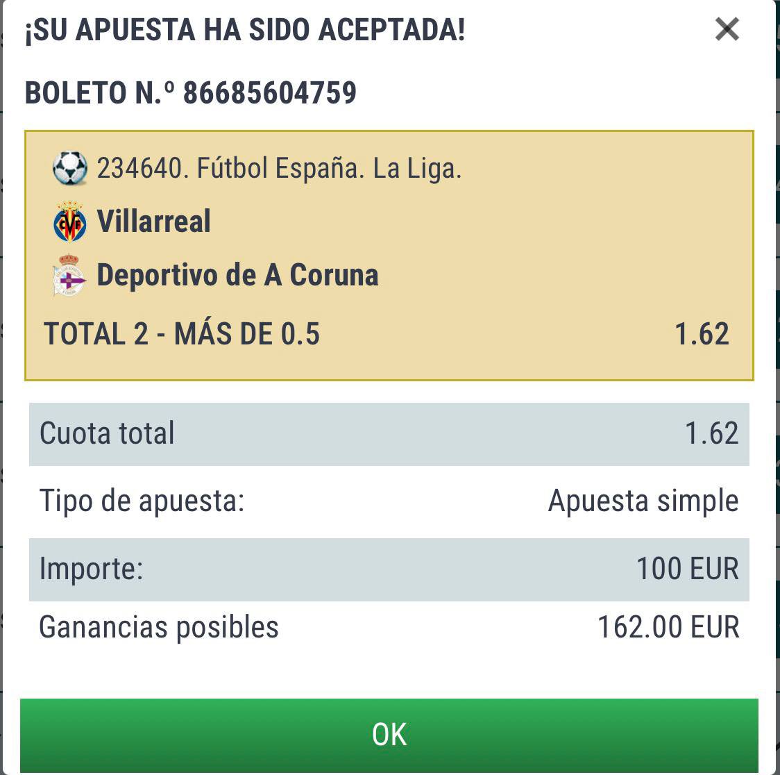 ARTenVerdeVIP's tweet photo. Apuestaza del sábado 🏦 

🇪🇸 Liga EA Sports

⚽️ Villarreal V Deportivo de A Coruna https://t.co/qGxhKTSjut