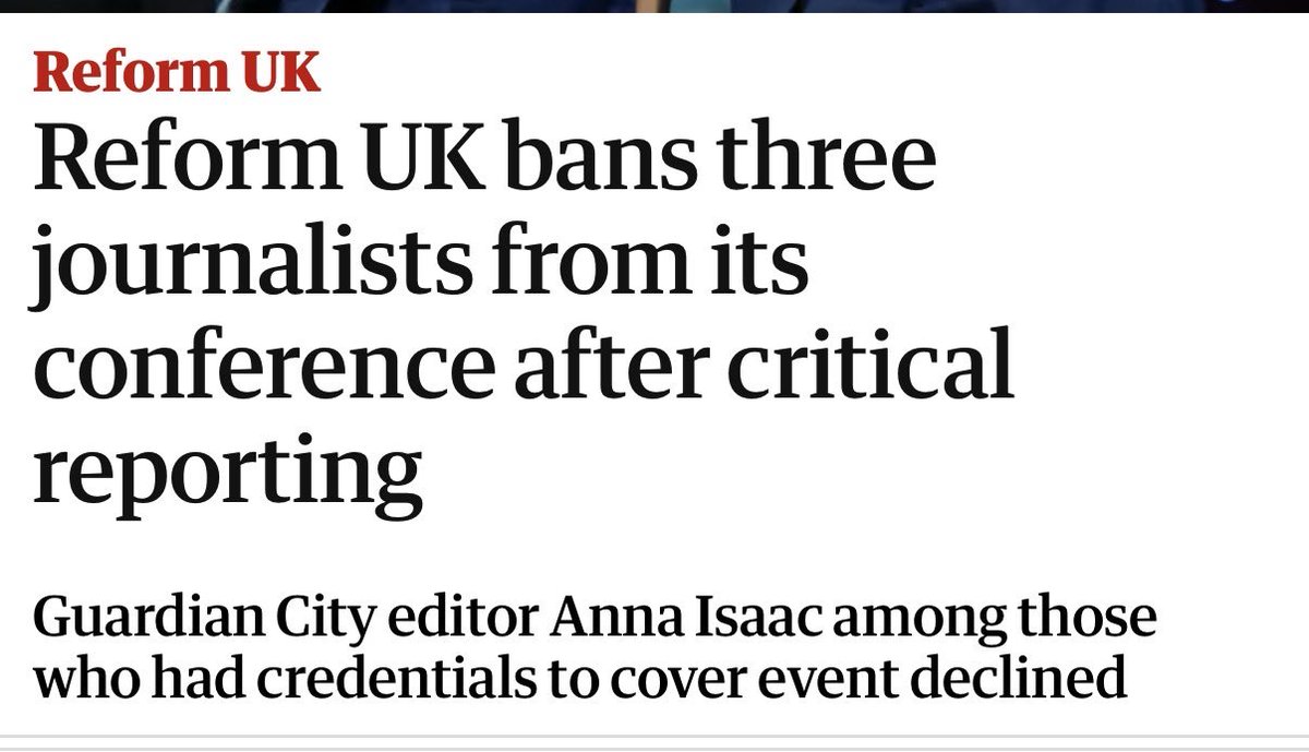 SpeechUnion's tweet photo. It is disappointing to see Reform UK following Labour in banning journalists from its annual party conference.

It has been reported that Reform UK has barred three journalists who have reported critically on the party and Nigel Farage from attending its conference.

They are the Guardian’s City editor, Anna Isaac; investigative journalist Peter Geoghegan; and broadcaster and biographer Michael Crick.

The Free Speech Union is increasingly alarmed by the hostility political parties on both the left and the right are showing towards journalists — particularly when those parties make a point of stating their commitment to free speech.