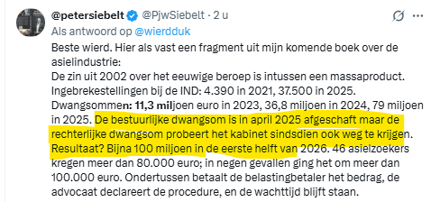 Mirjam152's tweet photo. En let wel: die 100 miljoen in de eerste helft van 2026 is allemaal door een RECHTER toegekend (want de bestuurlijke dwangsom is niet meer). Bovenop die 100 miljoen komen nog de kosten voor asieladvocaten - die betalen wij ook. Net als de rechtbank overigens, betalen we ook. https://t.co/rcXsLGyUAP