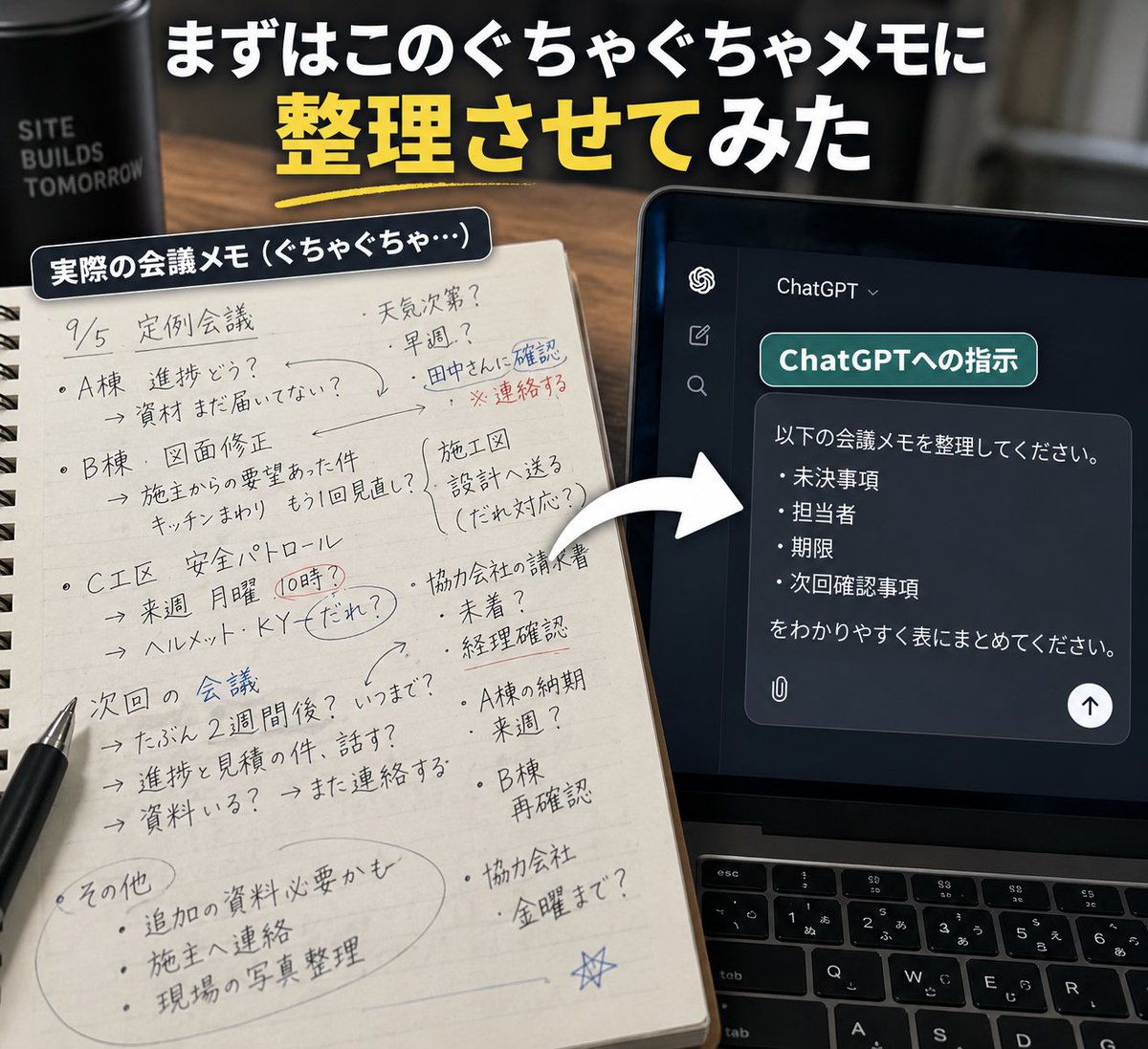genba_ai_work's tweet photo. 「会議メモ、ChatGPTにそのまま投げたら
どこまで実務で使えるのか試してみた。

今回の指示はこれだけ。

『未決事項・担当者・期限・次回確認事項だけ抜き出して』

結果↓↓↓ https://t.co/DcAKYRNcyQ