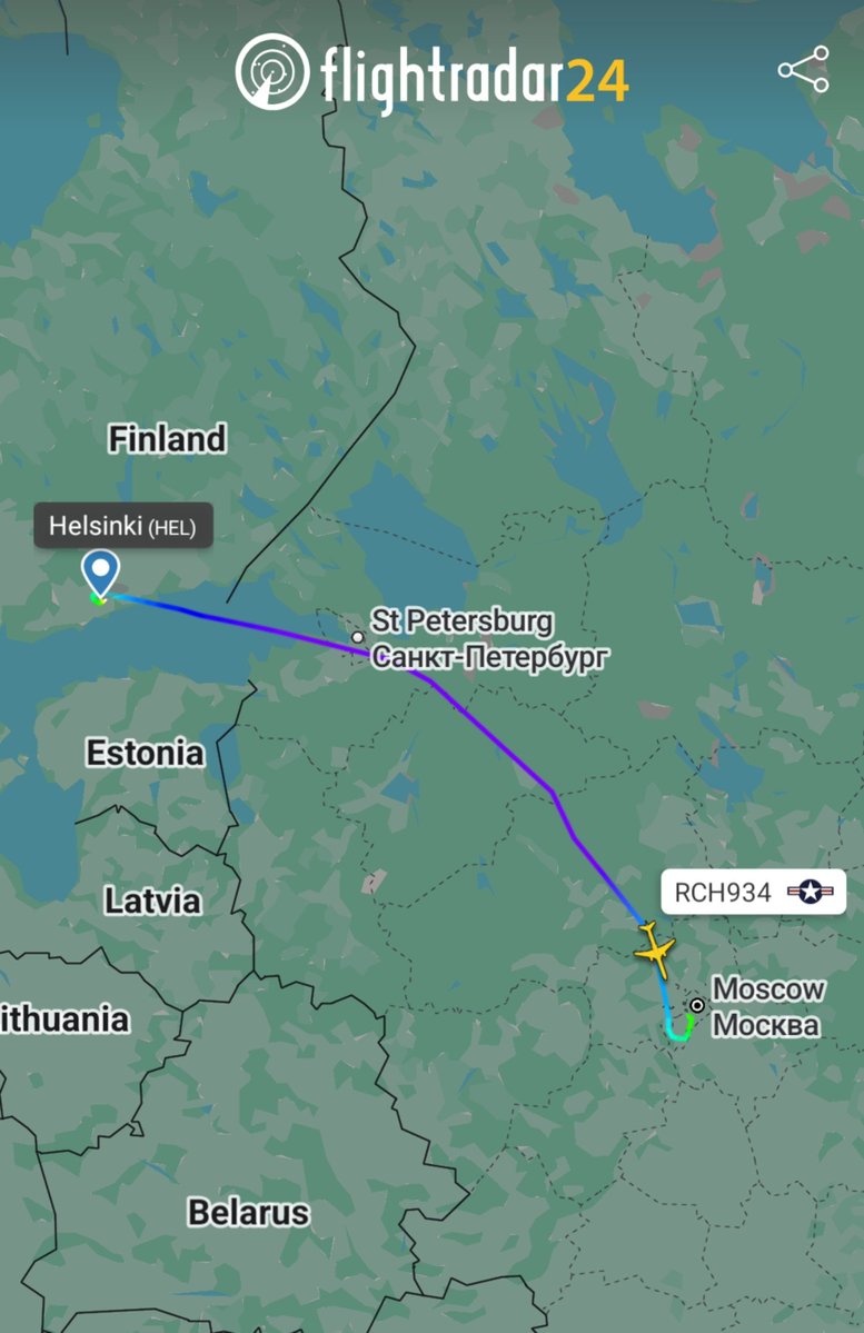 flightradar24's tweet photo. An unusual flight earlier today: a U.S. Air Force Boeing C-32A flew from Helsinki to Moscow. https://t.co/lZQ3LIHmaQ