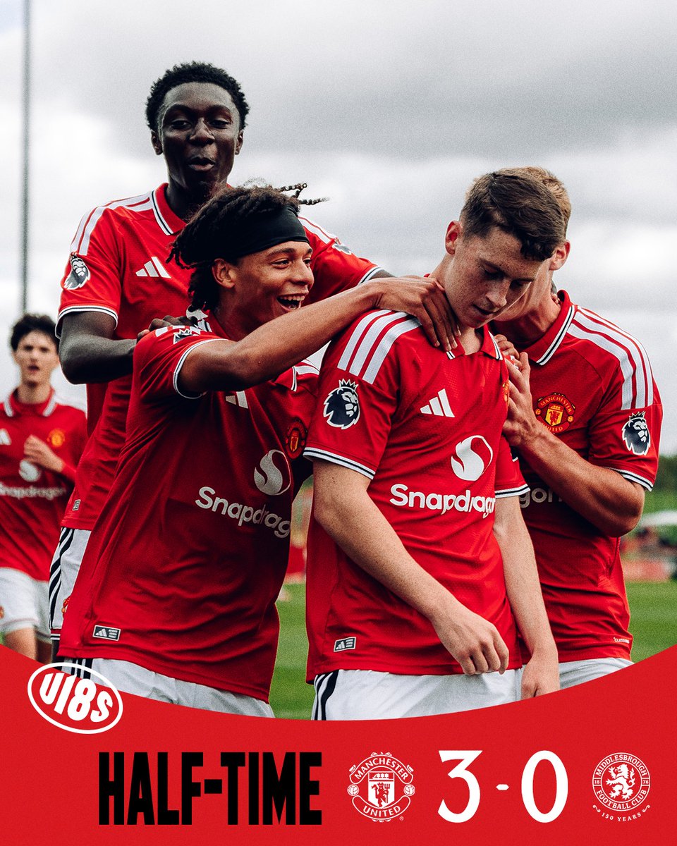 ManUtd's tweet photo. United lead at half-time in today's #U18PL game against Middlesbrough 🕹️

Keep it up, Reds! 🗣️