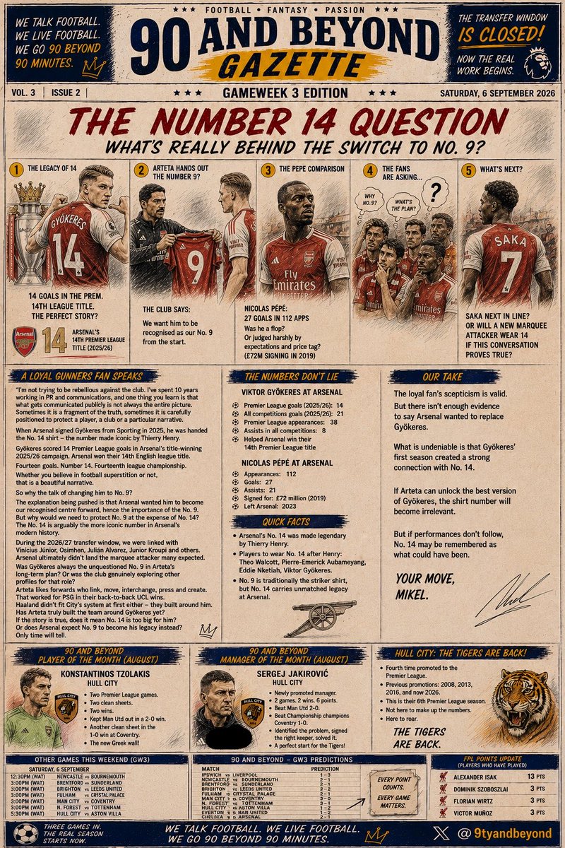 9tyandbeyond's tweet photo. 14 or 9? 

Gyökeres built a story around No. 14: 14 Premier League goals, Arsenal’s 14th league title.

Now comes the switch to No. 9.

Is it just a shirt number, or does it mean something bigger?

G14 or G9? What’s your take? 🔴⚪️ https://t.co/lUCmc3KCGj