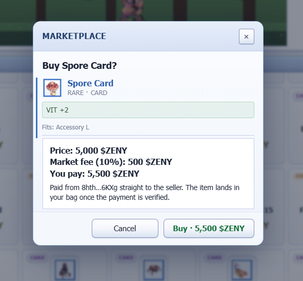 A27Star's tweet photo. Just picked up a Spore Card from the Marketplace for 5,500 ZENY! Base price was 5,000 ZENY plus the 10% market fee. It gives VIT +2 and fits Accessory L. A small upgrade, but every stat boost helps on the grind! @IdleROGame https://t.co/tPxnhKut41