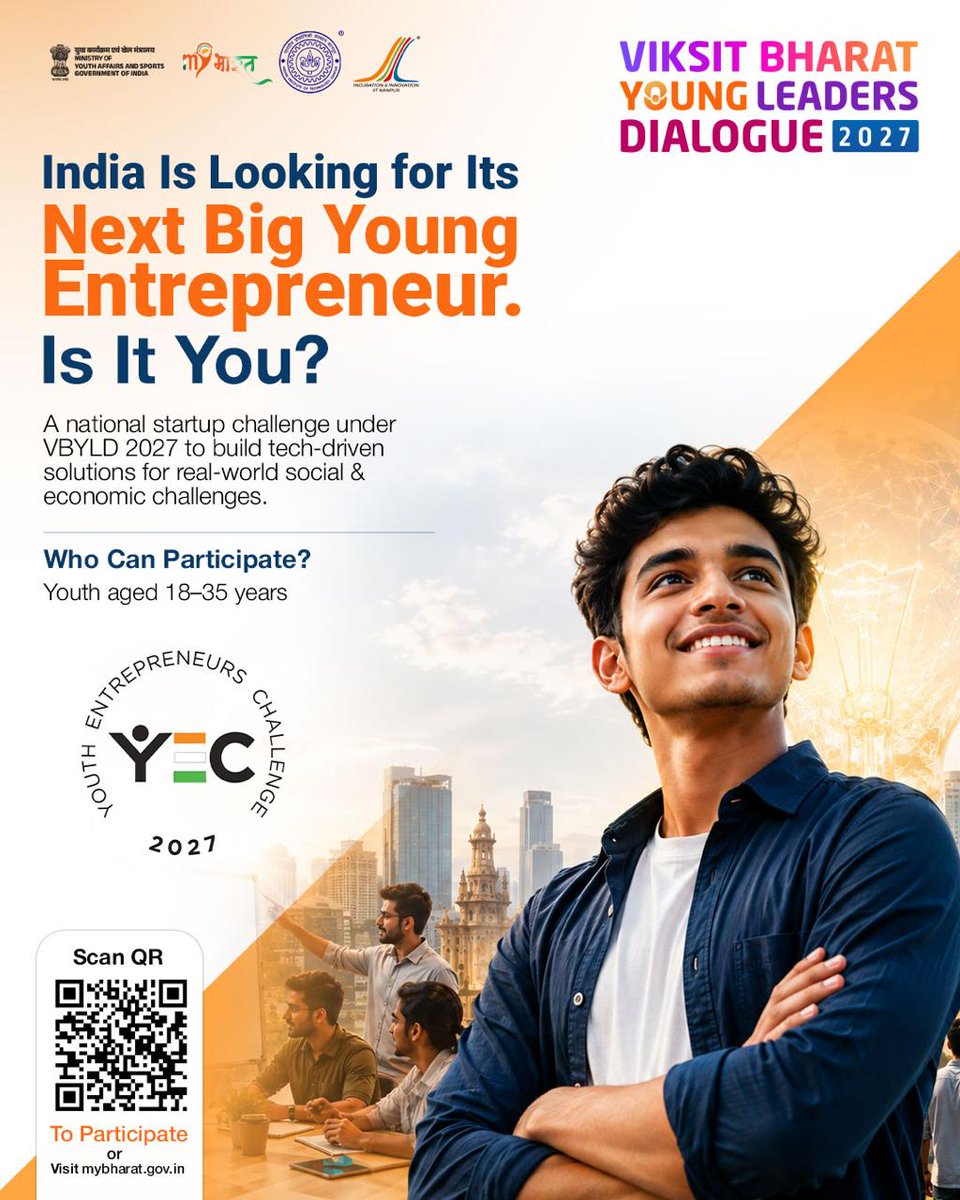 MYBharatHQ's tweet photo. Got an idea? Take it further. 🚀

Join the Youth Entrepreneurs Challenge 2027. Build your idea, pitch your solution and get an opportunity to present before Hon’ble PM Shri Narendra Modi at VBYLD2027.

📲 Register: https://t.co/MU1v0rTt1x

#YoungLeadersDialogue https://t.co/IbPUSB7VHH