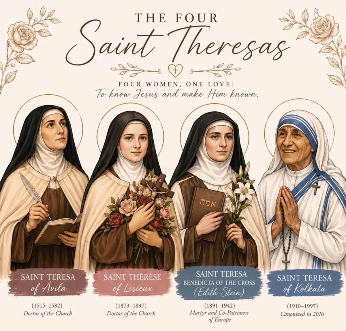 JustAdaugoijele's tweet photo. THE FOUR Saint Theresas
FOUR WOMEN, ONE LOVE:
To know Jesus and make Him known.

SAINT TERESA of Avila
Doctor of the Church(1515–1582)
Most Important Messages:
• “God alone is enough.”
• Interior prayer and union with God transform the soul.
Causes She Intercedes For:
• Priests and religious
• Those seeking deeper prayer
• Discernment and spiritual growth  

SAINT THÉRÈSE of Lisieux
Doctor of the Church(1873–1897)
Most Important Messages:
• “My little way is the way of trust and love.”
• Do small things with great love.  Causes She Intercedes For:
• Little children and their families
• Vocations
• Those who feel unworthy  

SAINT TERESA of Kolkata
(1910–1997)Canonized in 2016
Most Important Messages:
• “Spread love everywhere you go.”
• See Jesus in the poorest and serve Him with joy.
Causes She Intercedes For:
• The poor and forgotten
• The sick and dying
• Workers of charity
• A heart like Jesus’, compassionate and merciful  

SAINT TERESA BENEDICTA OF THE CROSS (Edith Stein)(1891–1942)
Martyr and Co-Patroness of Europe  Most Important Messages:
• “The world needs what only you can give.”
• In the Cross, we find truth and peace.  Causes She Intercedes For:
• Students and educators
• Those seeking truth
• Conversion and unity in the Church
• Protection in times of persecution