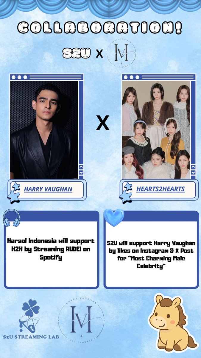 HachuStreamLab's tweet photo. 📢 S2U STREAMING LAB × HARSOL INDONESIA

Hi, Hachus! 🩵
We have an exciting collaboration announcement for you! S2U Streaming Lab is teaming up with Harsol Indonesia @HarrvanguardOfc for a special support project. 👀✨

Here's how it works:
🎯 Hachu Support:
Help vote for Harry Vaughan in the Infotainment Awards 2026 – Most Charming Male Celebrity category by liking the official posts on X and Instagram.

🔄 Support Feedback:
In return, Harsol Indonesia will support Hearts2Hearts through "RUDE!" Spotify streams to help strengthen our global points for MAMA 2026.

📌 1 Spotify stream = 2 likes

🔗 Vote here:
X: Vote on X (https://t.co/WhqFggzOE6)
Instagram: Vote on Instagram (https://t.co/NDlAR4VRMi)

📸 Submit your voting proof
Drop your proof of liking the posts in the replies or upload it to our Google Drive (Screenshoot).
Please remember to add a watermark to your proof before submitting it.

📂 Proof Submission Drive:
Google Drive (https://t.co/JBMjxbaC1h)

Let's make this collaboration a success together, Hachus! 🩵
Every genuine vote and every stream can make a difference. Let's support Harry Vaughan while giving RUDE! another boost toward MAMA 2026! 🎧📈
Let's do this together, Hachus! 🩵🔥

#Hearts2Hearts #하츠투하츠 #H2H 
#S2UStreamLab
#HachuxHarsol