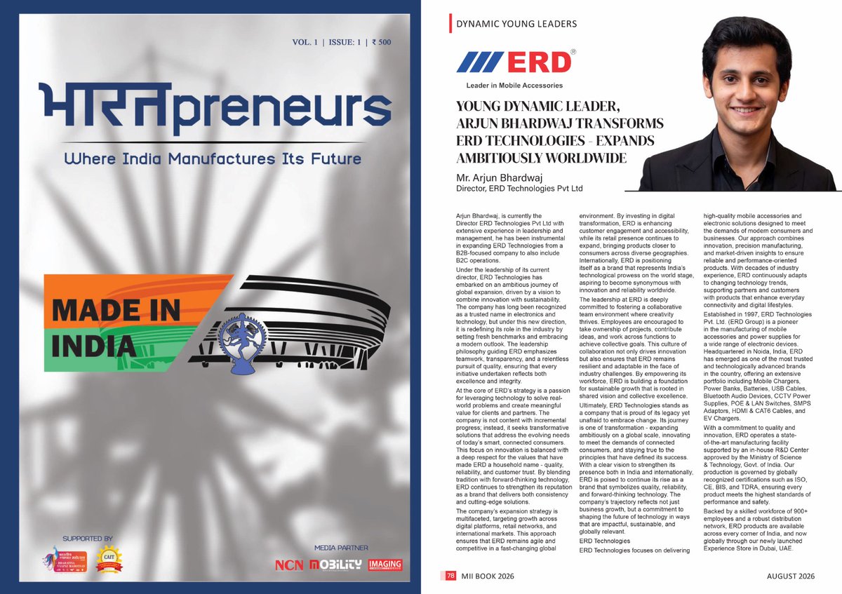 mobilitymag's tweet photo. Mobility is proud to feature Mr. Arjun Bhardwaj, Director, ERD Technologies Pvt Ltd, in the BHARATpreneurs Brand Book 2026

Make in India – Champions of Bharat Brand Book 2026 Link: https://t.co/iY5sCaSHIQ

Glimpse Link: https://t.co/lQDxisjtqB

@erdglobalindia #ERD https://t.co/0PpsxVxa3Z