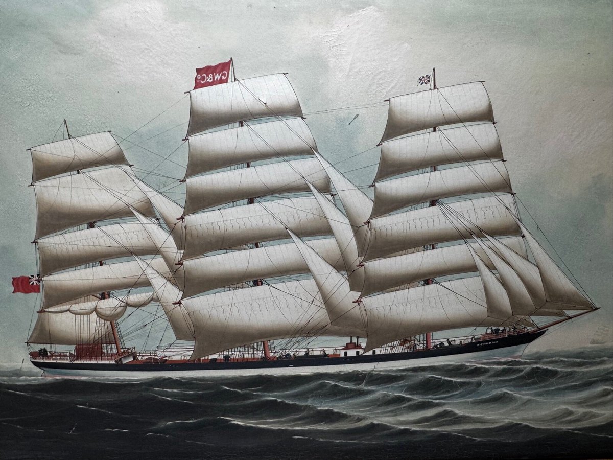 antiquesconsult's tweet photo. Our research uncovered a separate Reginald Arthur Borstel portrait of Wiscombe Park dated 1917, while the flag in our painting appears consistent with G. Windram &amp; Co. of Liverpool.

The ship also had important Australian connections.

View the artwork:
https://t.co/TvawIoREZi https://t.co/TOta2IE2rl