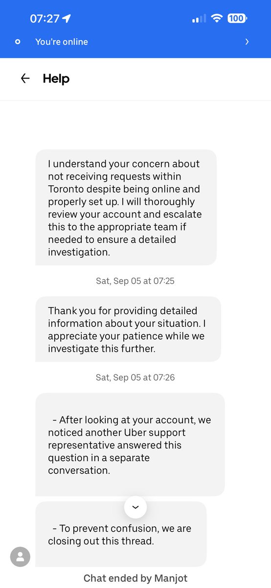 jasonhans72's tweet photo. @Uber @wayve_ai @Uber_Support @Uber_Canada Your agent promised to investigate my unresolved account issue, then closed the chat because another agent had already replied. A reply is not a resolution. Please provide a case owner, clear findings and a follow-up date. Screenshot attached. https://t.co/YE0Z0rdUtM
