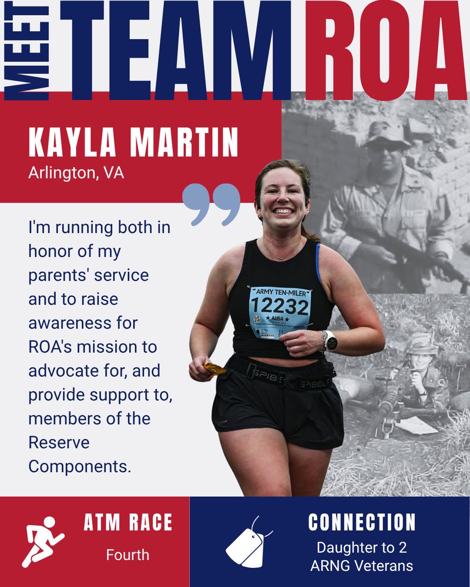 ReserveOrg's tweet photo. We are just over a month away from the #ArmyTenMiler so it's time to start introducing you to all of our amazing runners who will be participating as a member of #TeamROA and raising money to help support ROA and all of our Reserve Component members! First up is Kayla Martin, a child to two National Guard veterans and an integral part of our ROA team every day of the year as our Development and Fundraising Manager! To support Kayla on her run, please visit her #TeamROA website at 👟 https://t.co/hgMfj8l9qF.