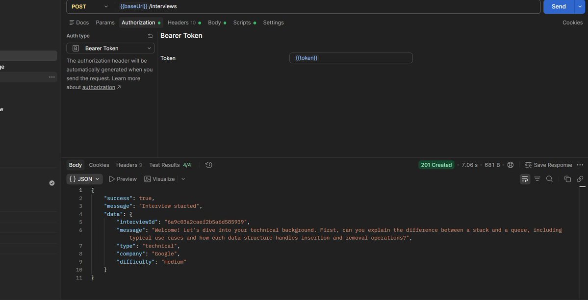 Tejas_devv's tweet photo. Day 4.

Interview module is coming together.

Create interview → AI questions → respond → continue the conversation.

Spent today testing everything in Postman and fixing small issues.

Slowly getting there.

#buildinpublic https://t.co/l3JmdoClxw