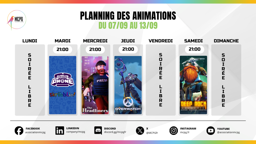 MCPGfr's tweet photo. Cette semaine on vous propose 4 𝐬𝐨𝐢𝐫𝐞́𝐞𝐬 𝐣𝐞𝐮𝐱 : 

08/09 à 21h: https://t.co/O1Zs4LjTHw et Garticphone
09/09 à 21h : The Headliners
10/09 à 21h : Overwatch
12:09 𝐚̀ 𝟐𝟏𝐡 : Deep Rock Galactic

Pour nous rejoindre : lien en bio.

#AssociationMCPG #animation #game https://t.co/b2LF61U8dY
