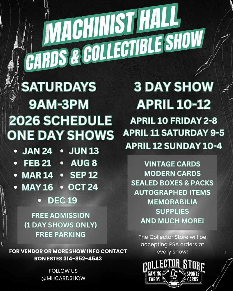 mhcardshow's tweet photo. #THEFINALCOUNTDOWN …
7 days until the next Machinists Hall Cards & Collectibles Show (Saturday September 12th) Come on out & support the show it’s FREE admission. #topps #panini #upperdeck #footballcards #baseballcards @RbiCru7 @collectorstore #SupportYourLCS https://t.co/0RefyksiYg