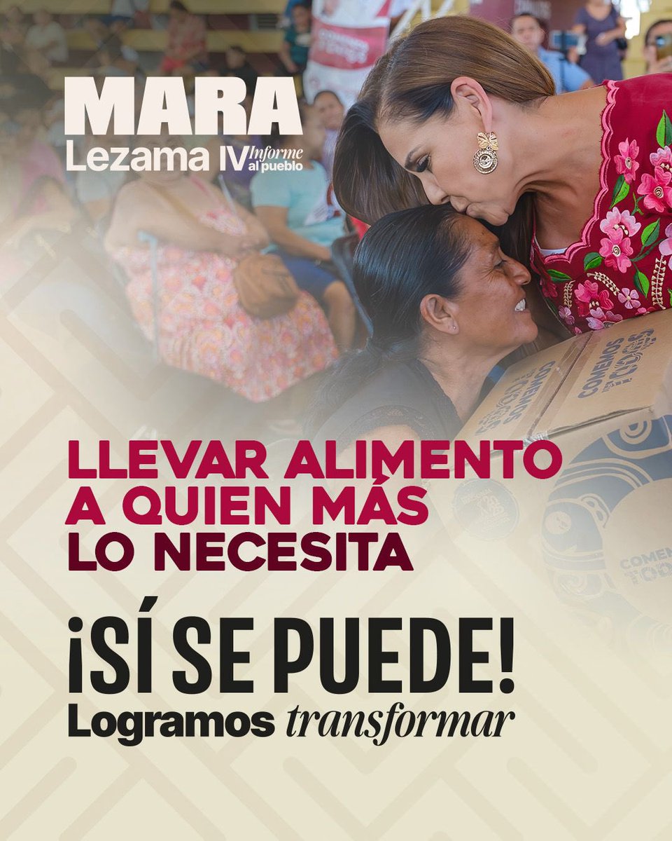 MaraLezama's tweet photo. 📦🍽️ ¡Comemos Tod@s transforma la vida de 60 mil quintanarroenses!

Nuestro programa insignia llega a los 11 municipios con apoyo alimentario y económico para las familias que más lo necesitan.

Y los resultados se sienten: en el último año, la seguridad alimentaria creció de 70% a 76.5%.

🙌🏽 ¡#SíSePudo! Más alimento en la mesa, más bienestar en los hogares y una mejor calidad de vida para nuestra gente.

#LogramosTransformar #4toInformeMara