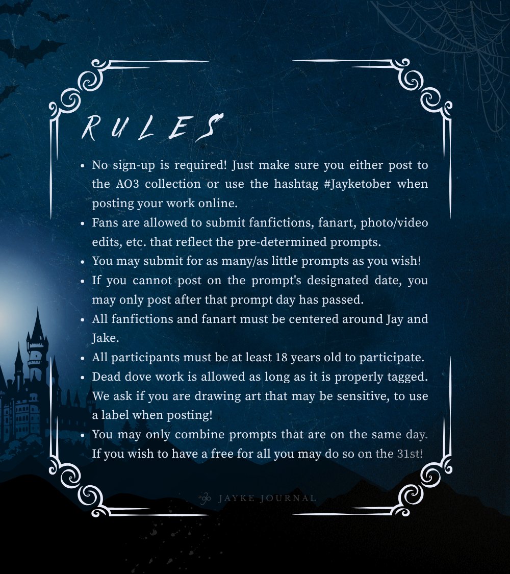 jaykejournal's tweet photo. INTRODUCING: #Jayketober 🦇

Throughout October, create and share your Jayke fanfics, fanart, edits etc. inspired by our daily prompts, to be revealed soon!

Please read the rules carefully, and if you have any questions or concerns, visit our Alterspring page!

NOTE: The Jayketober Carrd site will be published when the prompt schedule is posted. Stay tuned!