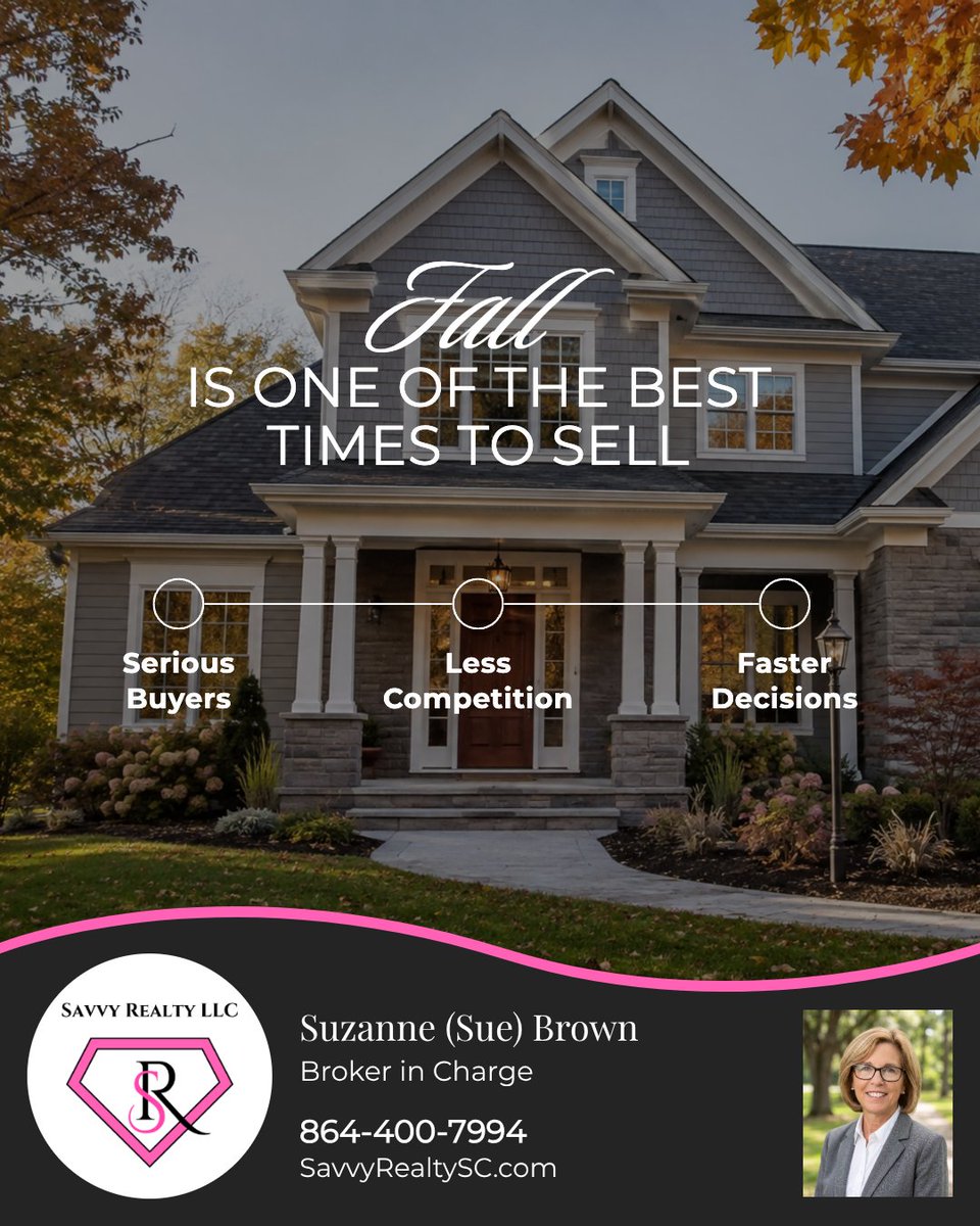 SavvyRealty's tweet photo. Fall can be one of the smartest seasons to sell. Buyers in the market right now are often more motivated, inventory is typically tighter, and the season’s warmth can make your home feel especially inviting. Curious how your home could stand out this fall?

#SCRealEstate https://t.co/XqIr7eheJ2
