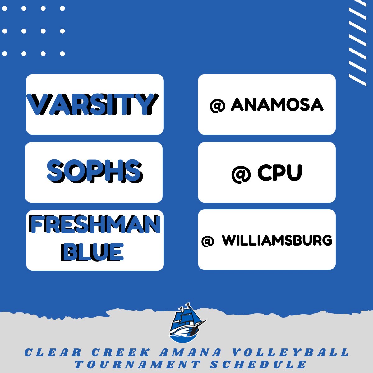 CCAClippersVB's tweet photo. It’s volleyball Saturday! 🏐 Good luck to these 3 teams competing today! https://t.co/dS0UZEYJv6