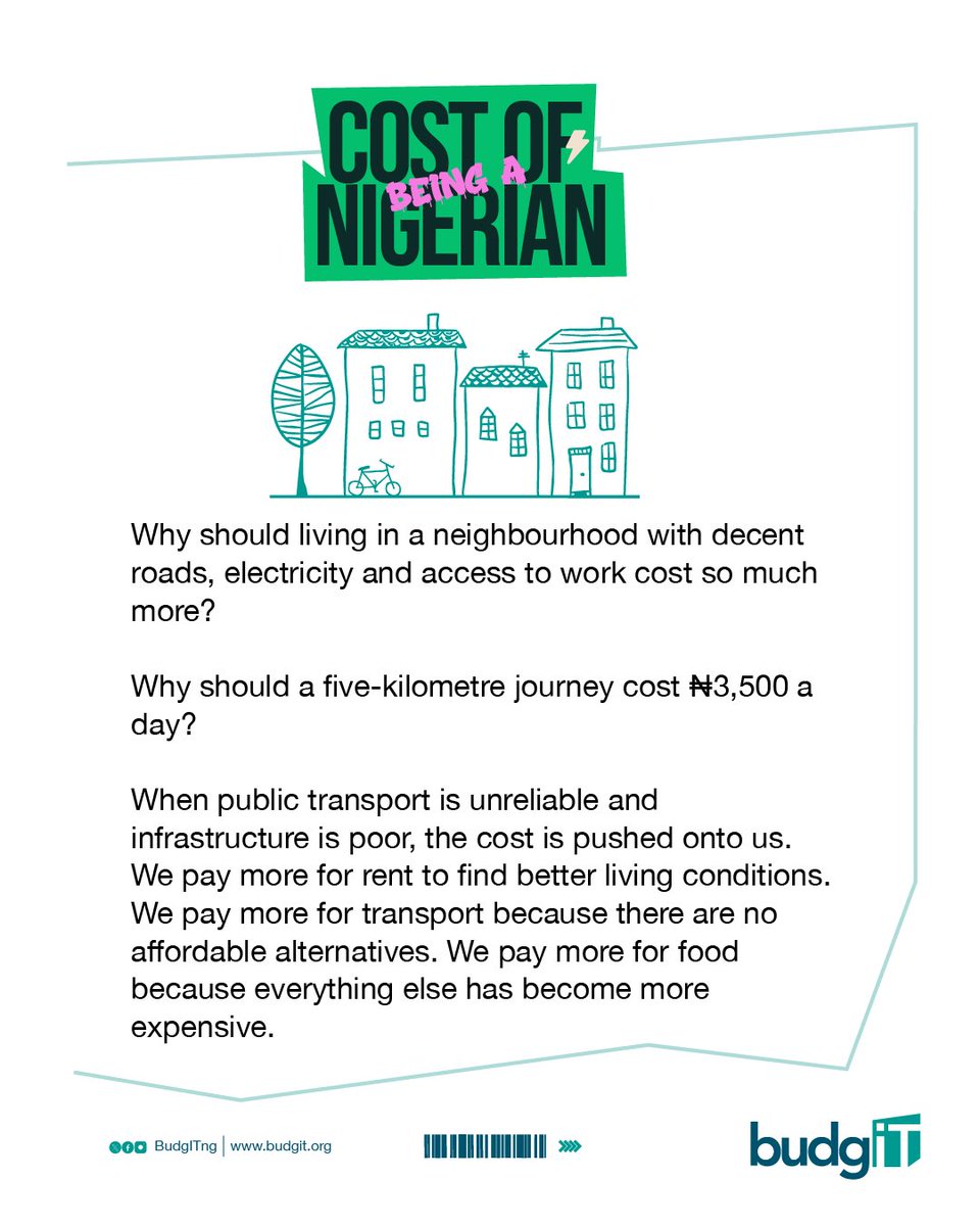 BudgITng's tweet photo. Since the fuel subsidy was removed, the cost of transportation has continued to rise. With fuel now selling for around N1,300 per litre in parts of Nigeria, even a short journey can become a significant expense.

After her rent increased by 50%, Rekiya moved closer to work to reduce her expenses. Her office is now just five kilometres away, yet she spends at least N3,500 on transport every day.

For many Nigerians, getting to work, school, the market or anywhere else has become a luxury expense. 

🧵

#CostOfBeingANigerian #AskQuestions