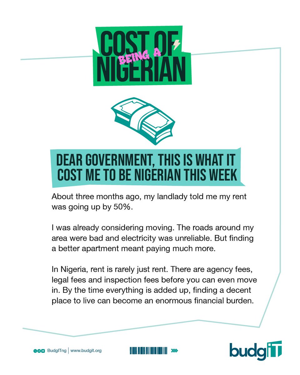 BudgITng's tweet photo. Since the fuel subsidy was removed, the cost of transportation has continued to rise. With fuel now selling for around N1,300 per litre in parts of Nigeria, even a short journey can become a significant expense.

After her rent increased by 50%, Rekiya moved closer to work to reduce her expenses. Her office is now just five kilometres away, yet she spends at least N3,500 on transport every day.

For many Nigerians, getting to work, school, the market or anywhere else has become a luxury expense. 

🧵

#CostOfBeingANigerian #AskQuestions