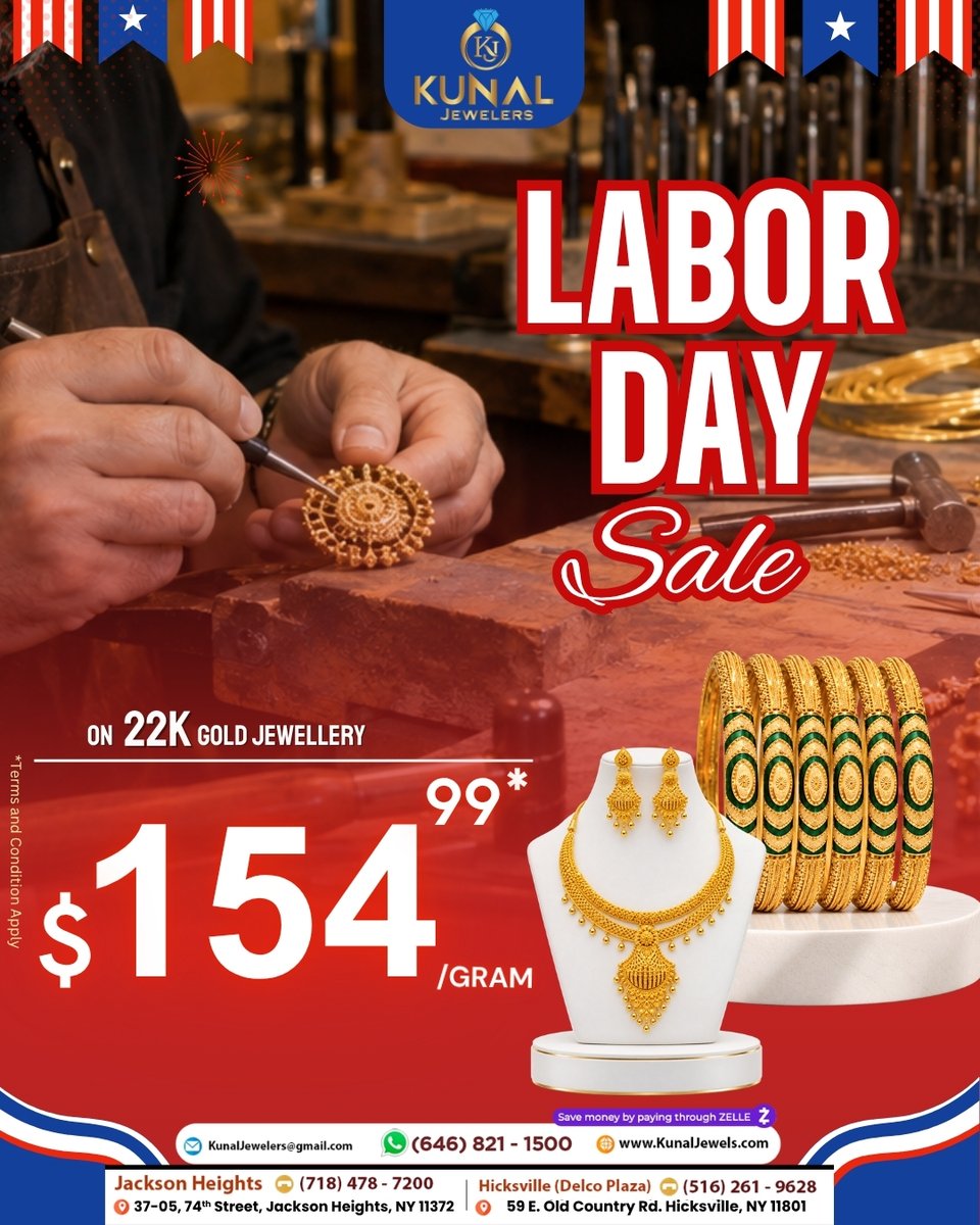 KunalJewelers's tweet photo. 🇺🇸✨ LABOR DAY SALE at Kunal Jewelers! ✨🇺🇸

Celebrate Labor Day with timeless 22K gold jewellery at $154.99/gram*. From elegant bangles to beautiful necklaces, find a piece that makes every moment shine. 💛

#KunalJewelers #LaborDaySale #GoldJewelry #22KGold #GoldJewelrySale https://t.co/fhWbjIaIgE