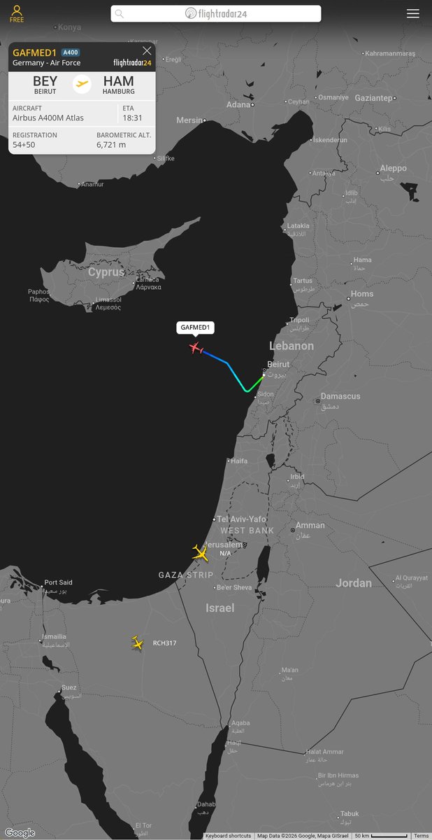 blackswanadria's tweet photo. Another German Grizzly.
Luftwaffe A400M Atlas #GAFMED1 54+50 which arrived from Wunstorf is now leaving Beirut on a medical evacuation flight to Hamburg. Probably related to UNIFIL peacekeeping mission https://t.co/biuLEr4TeU