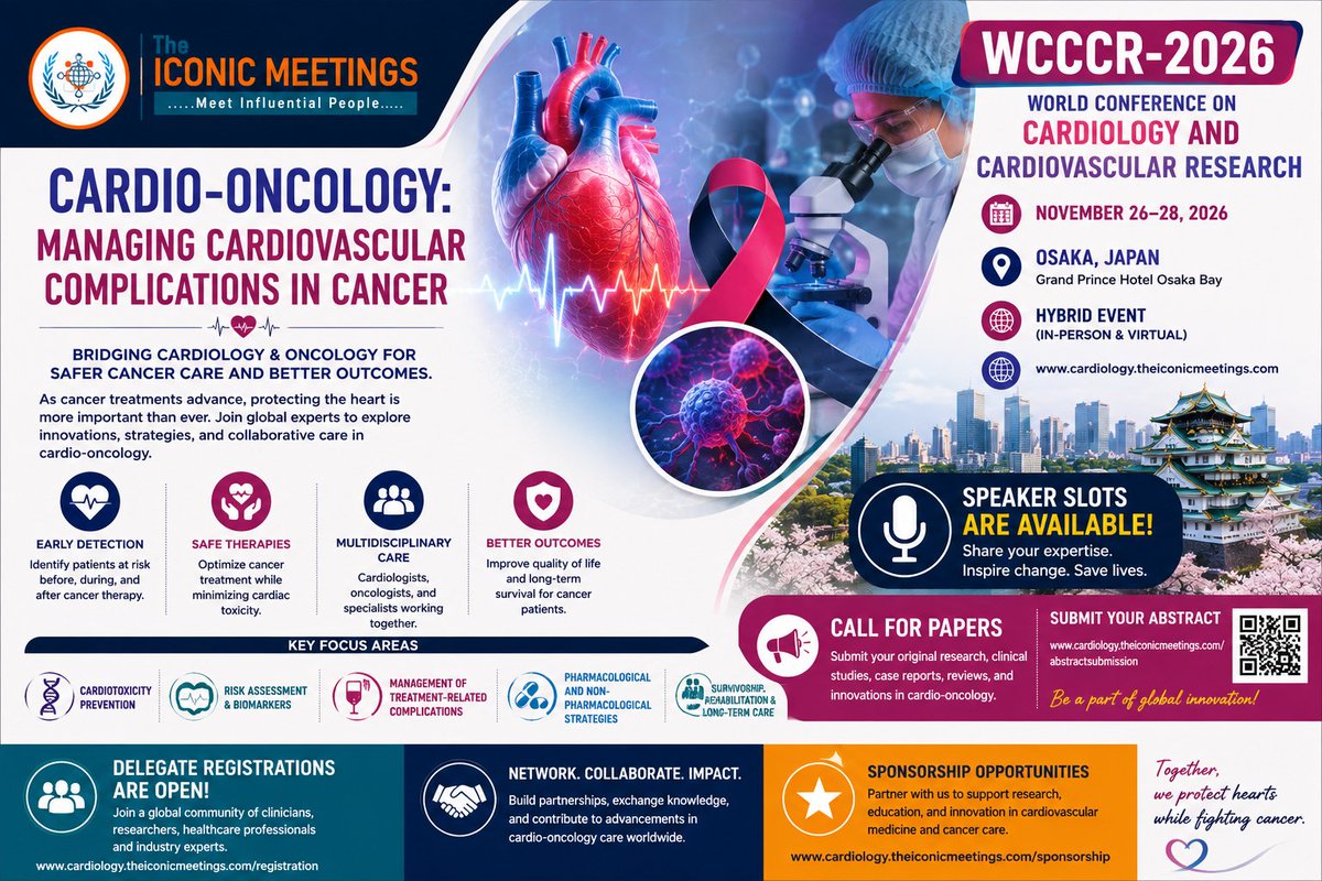InfoWcccr's tweet photo. ❤️ Cardio-Oncology: Protecting Hearts While Fighting Cancer
Explore the latest advances
🌍 #WCCCR2026
📅 Nov 26–28, 2026
📍 Osaka, Japan
💻Hybrid Event
📢Submit your abstract:
https://t.co/Yfr3Q9IYvg

#CardioOncology #Cardiology #Oncology #CardiovascularResearch #CancerResearch https://t.co/Y7q3LfS0C7
