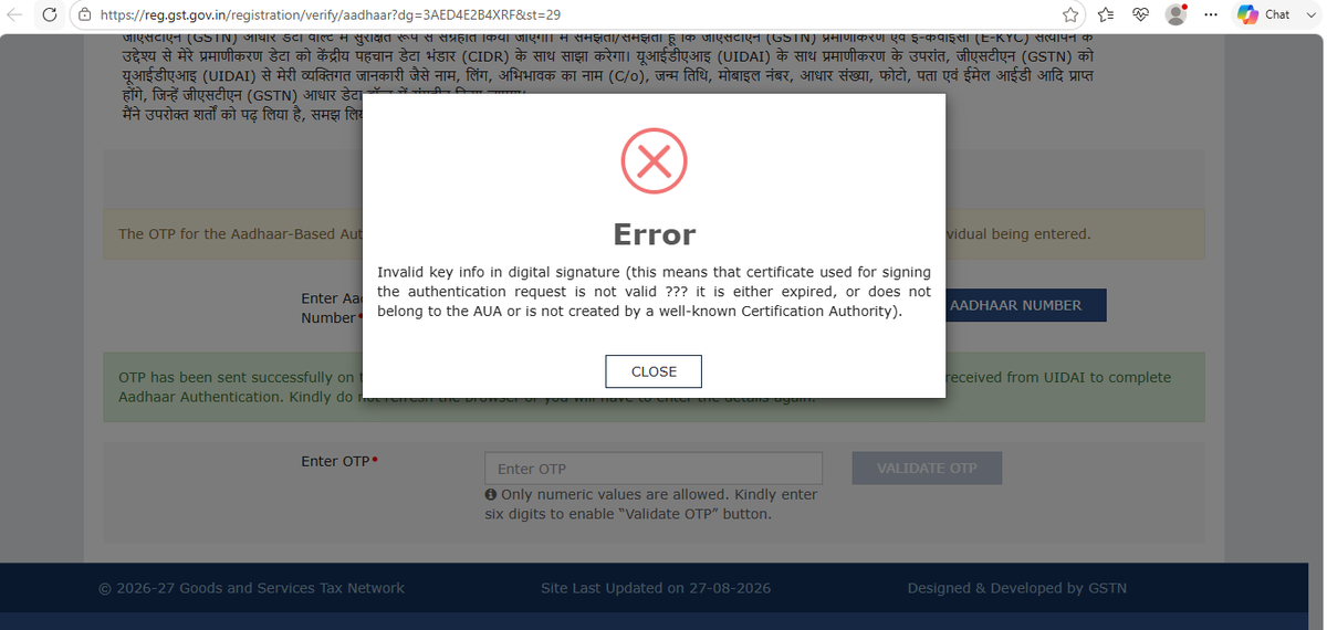 rastogi_utsav's tweet photo. Dear Sir,Since 1 day , i am facing issue while validating OTP for aadhaar authentication under New GST registration.Please update the solution asap. Unable to take gst registration. @GSTN_IT @GST_Council @cbic_india @FinMinIndia https://t.co/rgw9VKU7T2