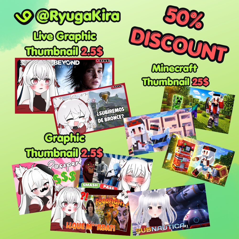 kiravtgames's tweet photo. En Vgen no solo vendo arte, también para streamers o creadores de contenido vendo miniaturas/thumbnails de diseño gráfico y minecraft!💚

No olvidéis de revisar todo! Todos los descuentos acaban el 10 de Septiembre!
Vgen💚: https://t.co/CJ4Wontveo 
#Vgencommission #VgenComm #Vgen https://t.co/eni8vDZXN7