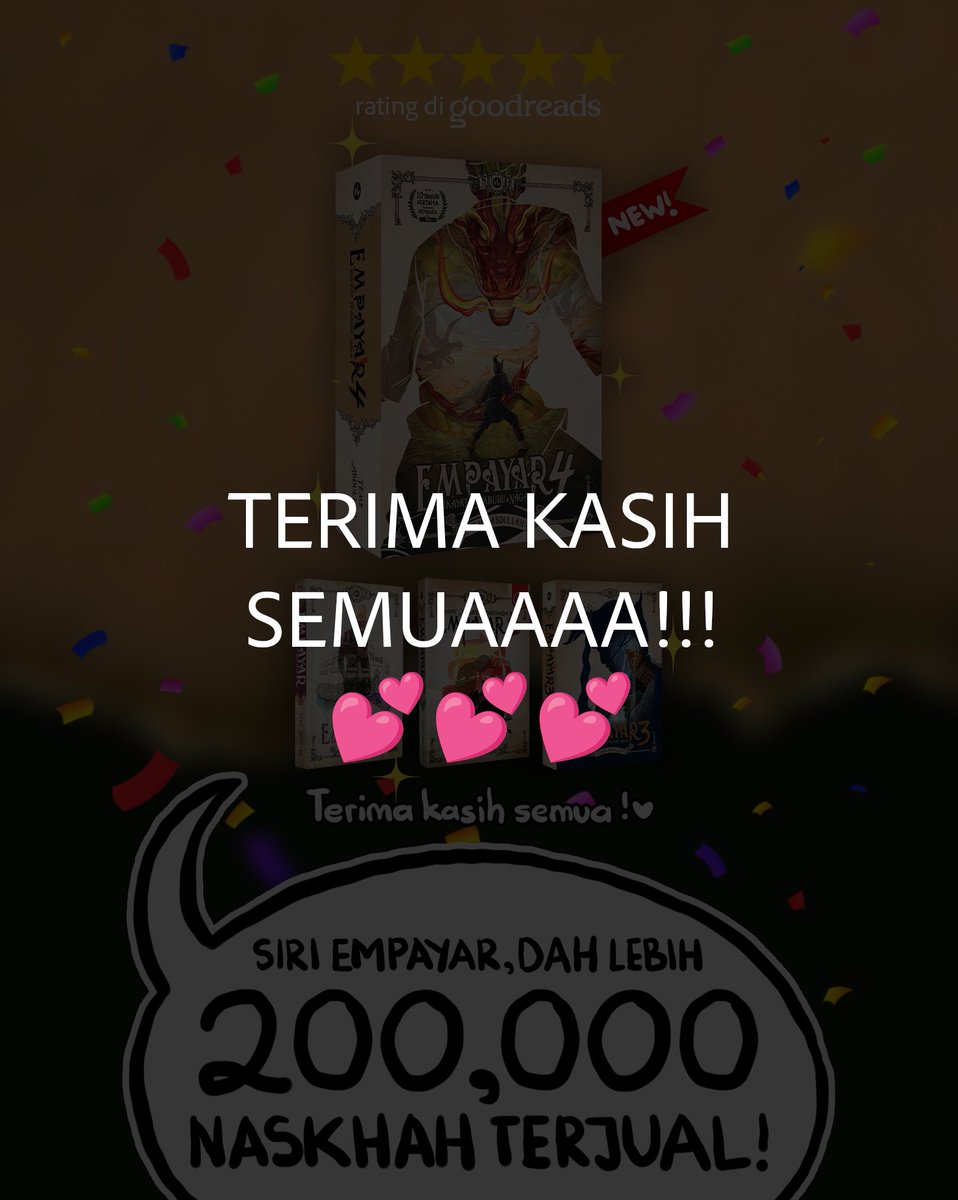 itsteme's tweet photo. Lama saya tak post kat sini 👀. Saya ada satu berita yang saya happy nak bagitahu kalian!

Alhamdulillah, SIRI EMPAYAR TELAH TERJUAL LEBIH 200,000 NASKHAH!!! ✨💕😭🥳🎉🙌🏻

Bagi saya, 200,000 itu sangat banyak. Malah terlalu banyak. Walaupun berita ini sebenarnya sudah dimaklumkan kepada saya lebih dua bulan yang lalu, susah untuk saya percaya yang siri ini telah terjual sebanyak itu. Terima kasih kerana sudi untuk membawa pulang dunia yang saya tulis.

Terima kasih juga untuk rating yang tinggi (hampir full 5 stars!). You’re being too kind to me 😭💕.

Walaupun saya merasakan penulisan saya tidaklah layak untuk rating setinggi itu, saya sangat hargai penilaian kalian. InsyaAllah, saya akan usaha lebih keras agar satu hari nanti karya-karya saya benar-benar layak untuk rating 5 stars! 

Sorry tau sebab lambat maklumkan berita ni kat awak semua. Saya segan sebenarnya 🥹.

Angka 200,000 terjual ini bukanlah ukuran hebat atau tidaknya seorang penulis tau? Ini semua rezeki Allah yang datang bersama ujian untuk saya. Ini juga hasil usaha keras pengikut karya saya yang tidak jemu-jemu menyarankan dan berkongsi apa yang mereka suka kepada orang lain juga. Saya beruntung dapat menjadi sebahagian kecil daripada semua itu, saya hanyalah manusia yang menulis bukunya.

Terima kasih kerana menjadikan Empayar sampai sejauh ini. Terima kasih kerana membaca, menunggu sambungan, berbincang, dan terus memberi ruang kepada dunia kecil yang saya bina ini untuk menjadi sebahagian daripada hidup kalian.

Seronok saya curi-curi baca discussion kalian berkaitan topik-topik dalam Empayar! Bijak-bijak semuanya!

Bercakap tentang topik discussion berkaitan Empayar, ESOK atau LUSA, saya akan post ulasan secara ringkas tentang satu topik dalam Siri Empayar pula, khas berkaitan Empayar 4. Iaitu topik rahsia di sebalik objek-objek terbang dalam Empayar 4!

‘Jumpa’ dalam posting seterusnya! Take care! 🌹