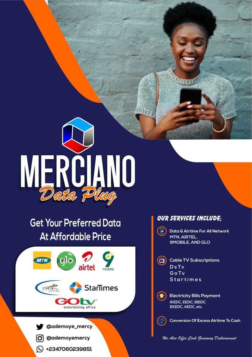 ademoye_mercy's tweet photo. Can we do data for your followers today?

We sell data and disburse Cash for people💥💥

We also do bet funding💥Electricity and Cable subscription 💥

Kindly patronize and refer Us 

Don’t forget to tag me to Data and Cash Disbursement Gigs ❤️🙏🙏

Repost
@Kind____ness @itz_talent @TJSaheed @petmario_ @MadProfitGuy @FLASH4492 @CallMeSpecial21 @napoleon401 @GabrielKinge64 @ForeSytee