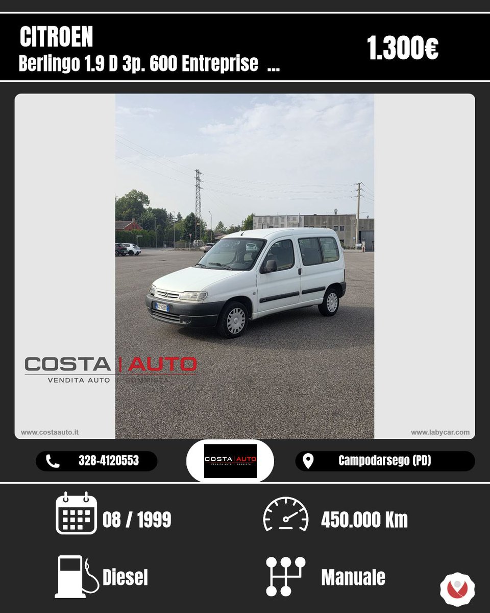 NorbertMannogs's tweet photo. CITROEN Berlingo 1. 9 D 3-door 600 Entreprise 
Costa Auto 
€1, 300 
08/1999 
Manual 
3 doors 
2 seats 
Diesel 
1, 905 cm³ 
50 kW (68 hp) 
Campodarsego (PD) https://t.co/pkfWSiE171
