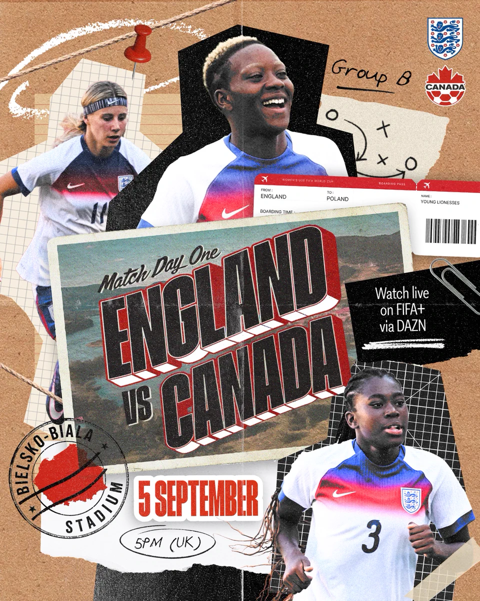 Graphic with a collage effect with U20 players and text: 

England vs Canada
Group B
5pm (UK)
Watch live on FIFA+ via DAZN