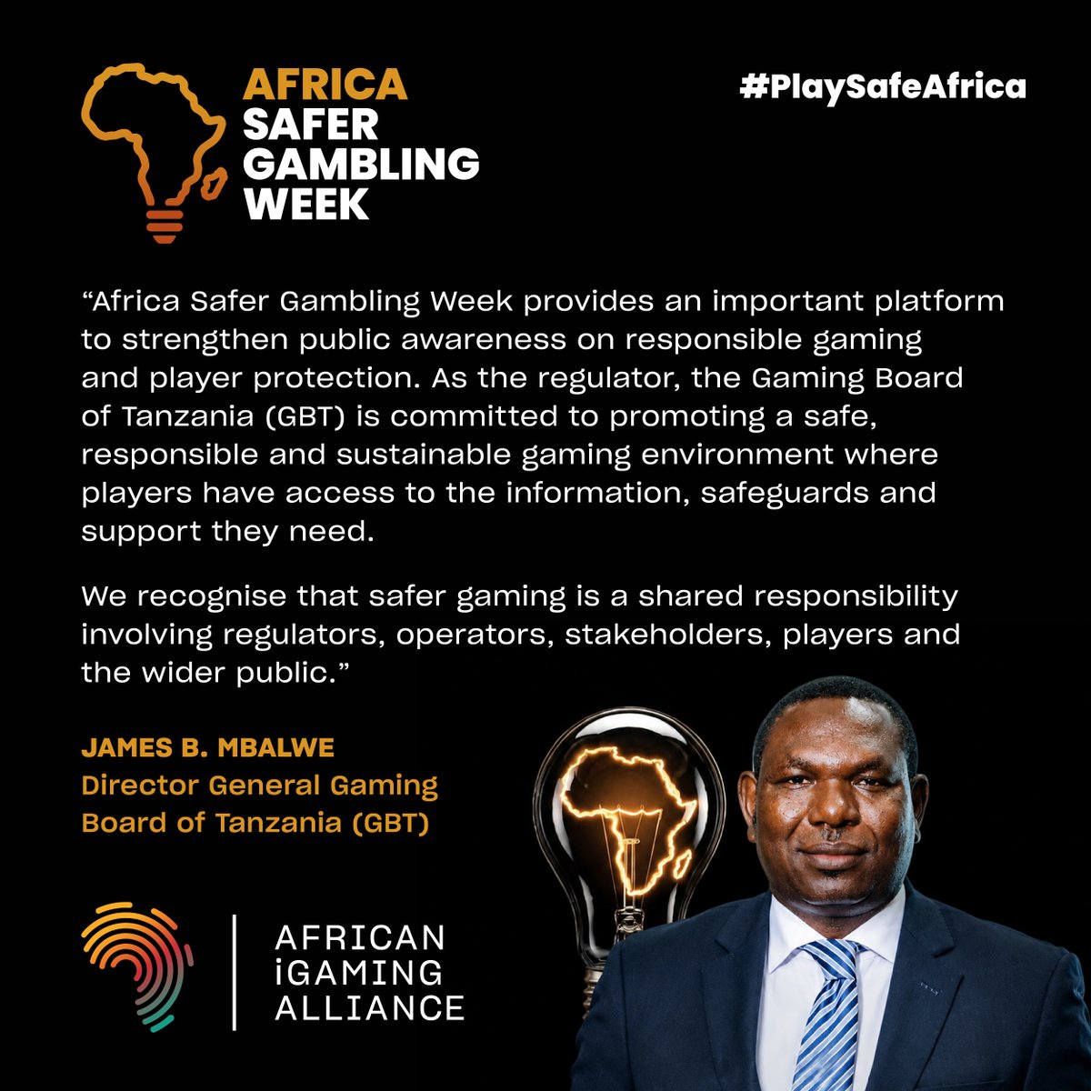 AfricaniGaming's tweet photo. “Africa Safer Gambling Week provides an important platform to strengthen public awareness on responsible gaming and player protection.”

James B. Mbalwe, Director General, Gaming Board of Tanzania, on shared responsibility and player protection.

7-11 Sept | #PlaySafeAfrica https://t.co/UBQYfKY3X3